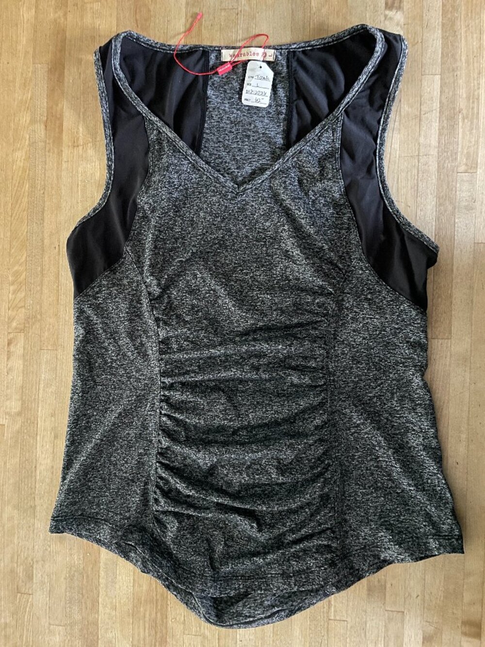 Black and Heather Ruched Knit Tank Top, Size Large, NWT, Workout or Casual Wear